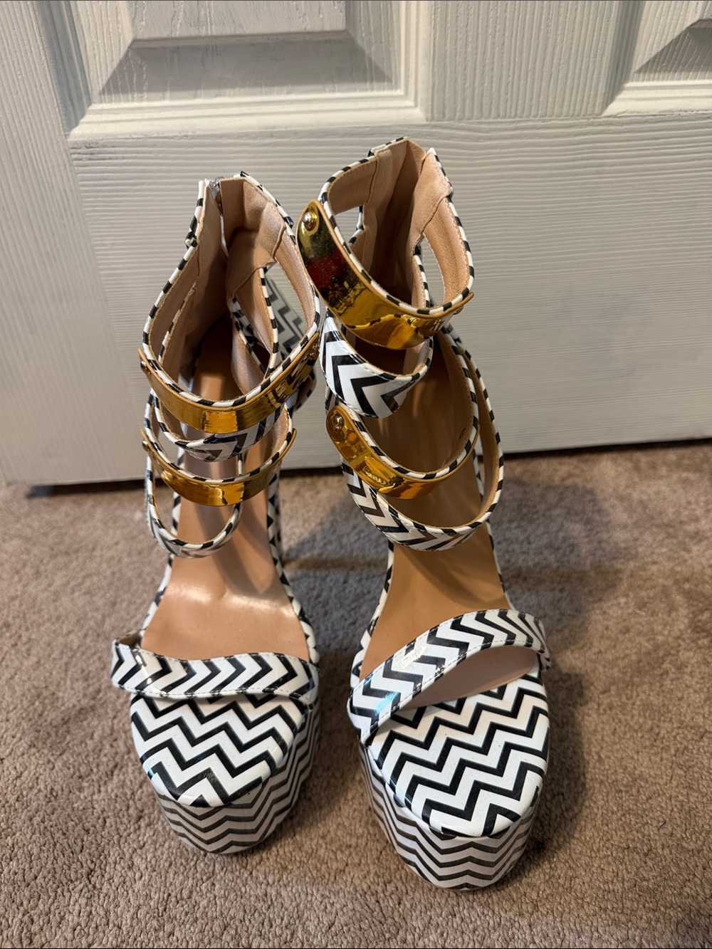 Black & White Chevron Platform Sandals with Gold Accents